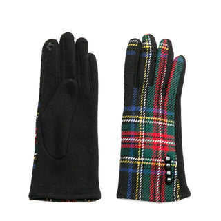 black tartan plaid texting gloves with four black button, front and back