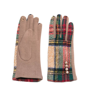 Camel tartan plaid texting gloves with four camel button, front and back