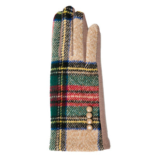 Camel Tartan Plaid Gloves with Button Detail – Stylish camel plaid gloves with multicolor tartan pattern and button trim.