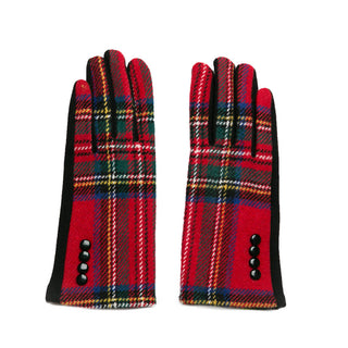 Red Tartan Plaid Gloves with Button Detail – Cozy red tartan plaid gloves featuring button cuff detail and touchscreen index finger.