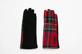 Red tartan plaid texting gloves with four black button, front and back
