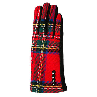 Red tartan plaid texting gloves with four black button
