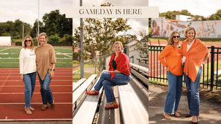 Two women in casual outfits on a track, a woman sitting on bleachers, and two women in orange and blue on a sports field with 'GAMEDAY IS HERE' text.