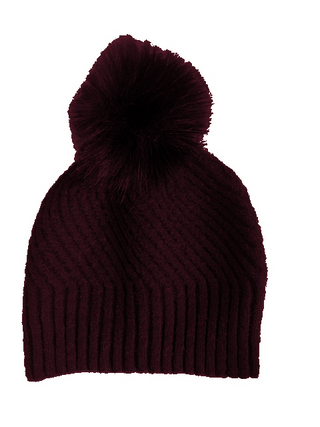 Bordeaux Chrissy ribbed knit hat with faux fur pom pom