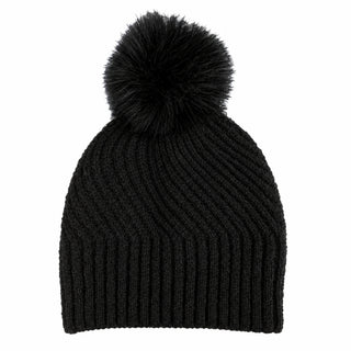 Black Chrissy ribbed knit hat with faux fur pom pom