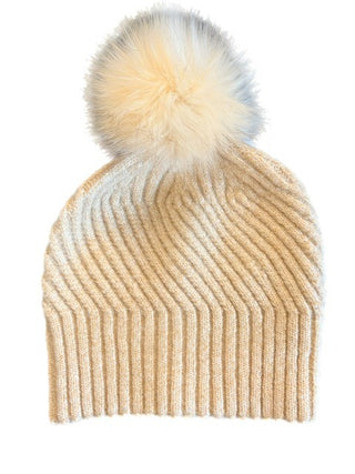 Gold  Chrissy ribbed knit hat with faux fur pom pom