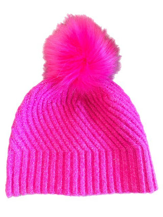 Pink Chrissy ribbed knit hat with faux fur pom pom