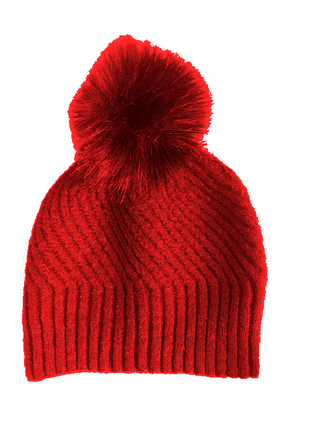 Red Chrissy ribbed knit hat with faux fur pom pom