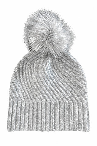 Silver Chrissy ribbed knit hat with faux fur pom pom