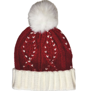 Red knit holiday beanie with white cuff, pom pom, and festive stitching pattern