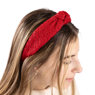 Woman wearing red glitter Peppermint Stick Headband – festive holiday hair accessory