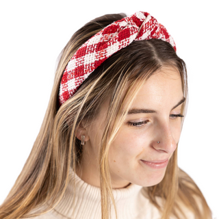 Woman wearing red and white plaid Peppermint Stick Headband – Christmas hair accessory