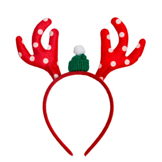 Whimsey headband with red antlers and green beanie