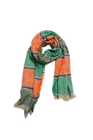 green and orange striped Jill scarf with eyelash fringe