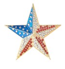 Gold star-shaped magnetic brooch decorated with red, white, and blue  rhinestones and enamel.