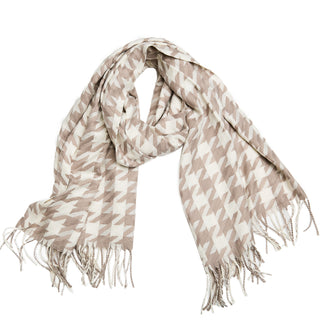 Tan and white hounds tooth scarf with fringe.