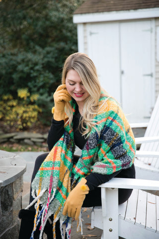 green, orange and yellow plaid Indie blanket scarf with fringe