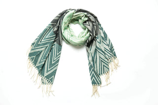 green, black and cream zig zag Talia scarf with cream fringe