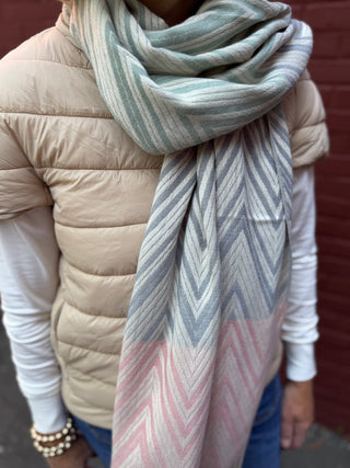 close up view of mint green, light pink, gray and cream chevron scarf