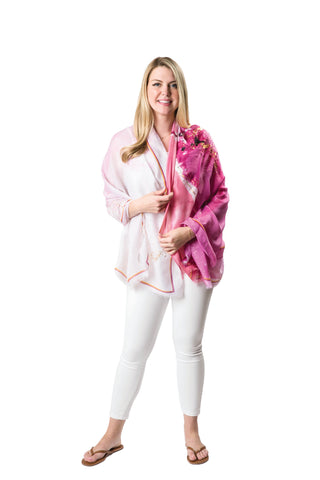 woman wearing two toned, pink lightweight and vibrant stephanie scarf