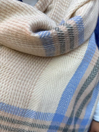 Close up of Camille Scarf in camel plaid