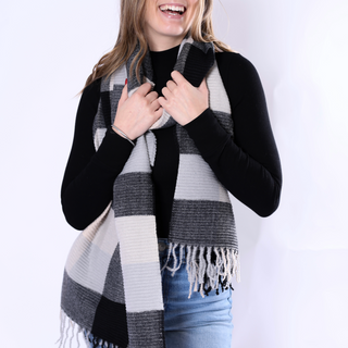 Black and cream ribbed plaid scarf