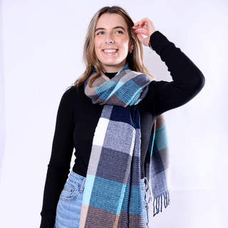 Blue and Brown ribbed plaid scarf