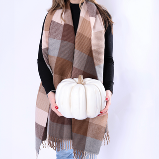 Brown and cream ribbed plaid scarf