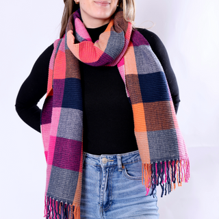 Orange and Pink ribbed plaid scarf