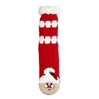 Slipper sock with face of Mrs. Claus on red background.