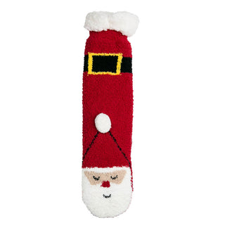 Slipper sock with image of Mr. Claus on red background.