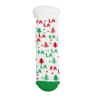 Slipper sock with red and green "Fa La La" and green pine trees on white background.