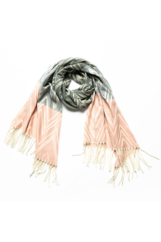 pink, gray and cream zig zag Talia scarf with cream fringe