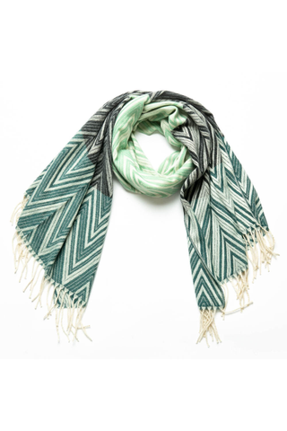 green, black and cream zig zag Talia scarf with cream fringe