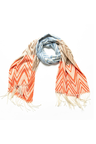 Orange, taupe, blue and cream zig zag Talia scarf with cream fringe
