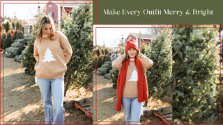 Two people wearing festive sweaters with Christmas trees in the background.