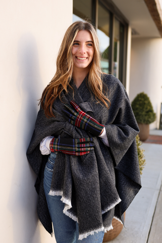 women wearing black plaid Charlie gloves with thumb and index finger touch screen 
