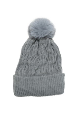 Gray cable knit beanie hat with coordinating pom pom and cream fleece lining.