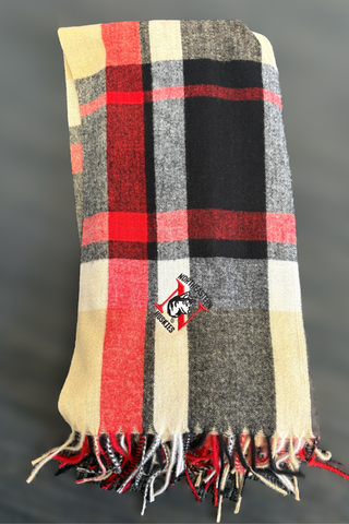 Red, black and camel plaid Ivy scarf with northeastern huskies logo embroidered