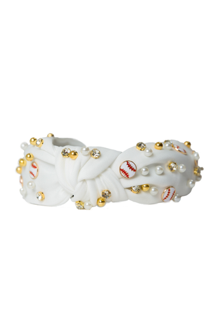 white headband with gems, pearls, gold balls and baseball accents