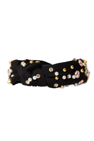 Black headband with gems, pearls, gold balls and baseball accents