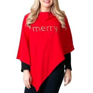 merry in gold sequins on red knit poncho shawl