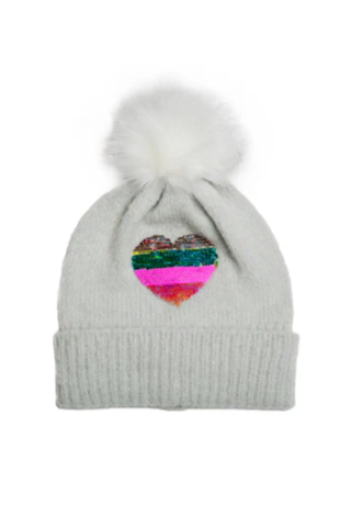 Gray Pom Pom Hat with Rainbow Sequin Heart