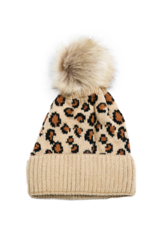 camel tan leopard print beanie hat with faux fur pom pom