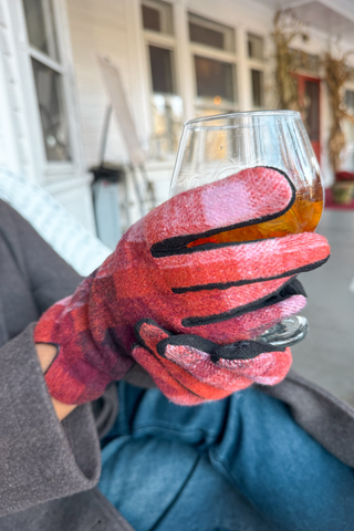 woman wearing Red-orange plaid Sherry Gloves with bold fall fashion look