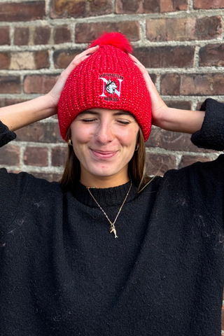 Red Taylor Hat with Northeastern University Huskies Logo embroidered on hat