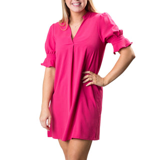 v-neck hot pink dress with puff sleeves and flattering front pleat
