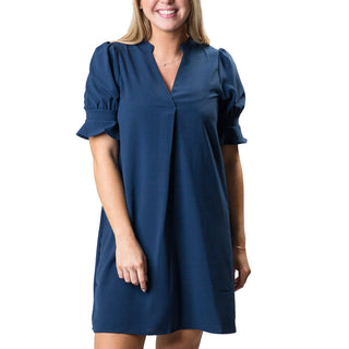v-neck navy dress with flounce sleeves 