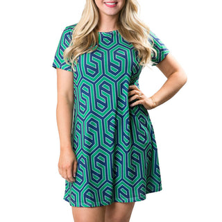 Green and Navy Geometric T-Shirt Dress