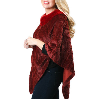 Merlot plush cable knit Delilah poncho with faux fur collar side view